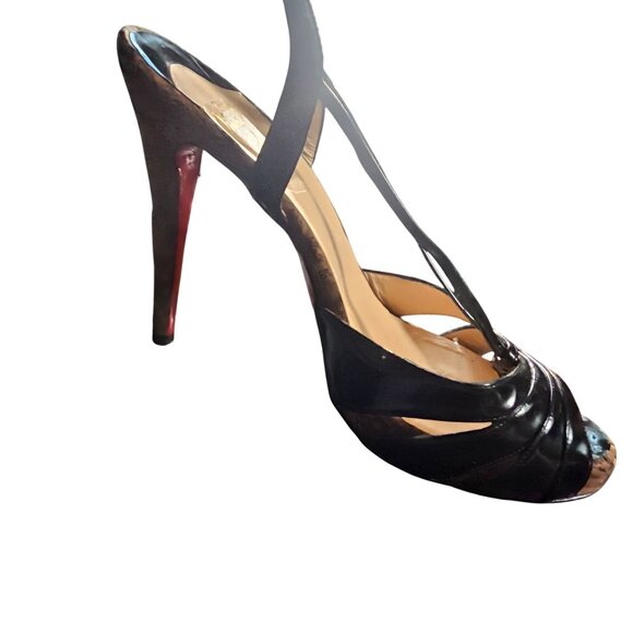 Christian Louboutin Black Patent Leather Cork Peep-Toe Stilettos Heels size 38.5 - Picture 12 of 12